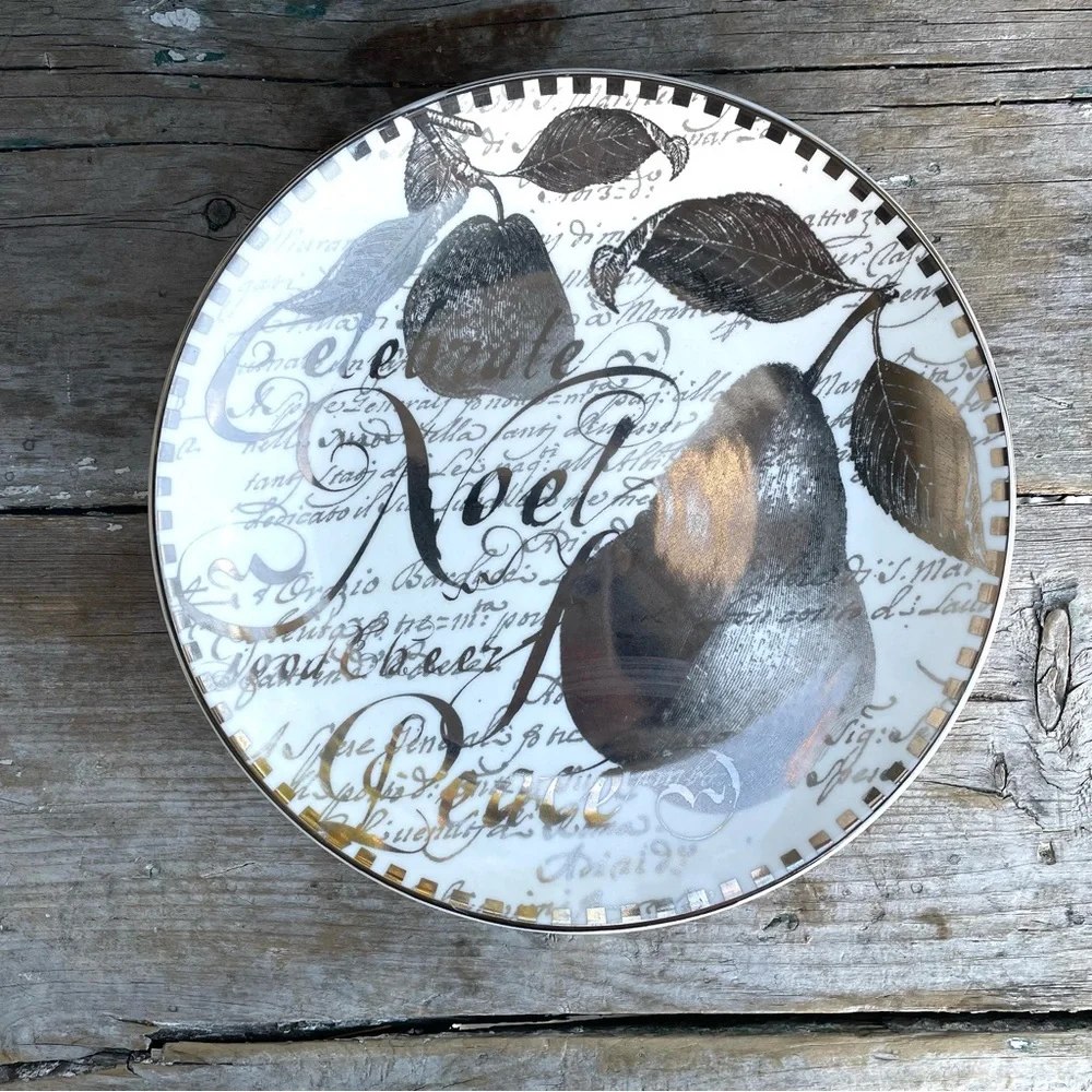 Restoration Hardware White & silver holiday plate Noel pears